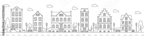 Neighborhood line art cityscape. Town city street buildings vector landscape with outline two storey houses  homes or villas. Apartment buildings row with trees  porches  benches and lanterns