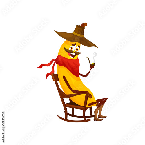 Cartoon cowboy, sheriff, robber, bandit and ranger banana fruit character. Vector wild west hero tropical fruit in hat, boots and bandana relax with smoking pipe in rocking chair, western personage