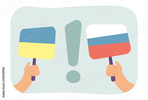 Hands holding Ukrainian and Russian flags near exclamation mark. People warning about conflict Ukraine vs Russia flat vector illustration. Crisis concept for banner, website design or landing web page