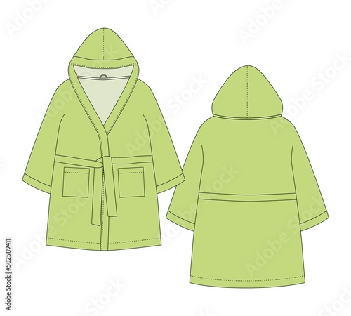 Bathrobe technical sketch. Hooded bathrobe with pocket and belt. Light green color.