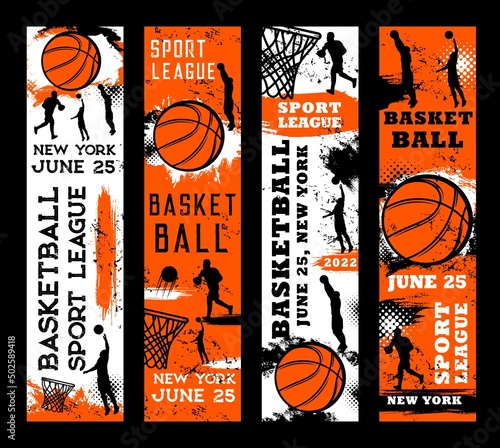 Basketball sport grunge banners with players and ball, vector halftone orange backgrounds. Basketball league tournament or streetball team game championship banners with player silhouettes