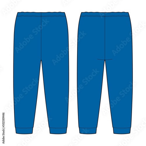 Children's pajamas pants technical sketch. KIds home wear trousers design template isolated. Bright blue color.