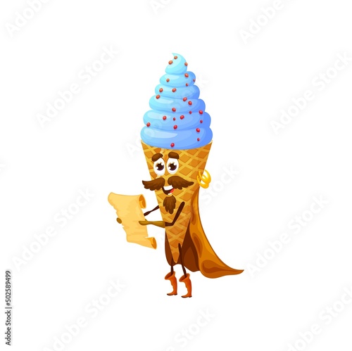 Cartoon ice cream cone pirate character with treasure map. Vector icecream in wafer cup corsair personage for kids menu. Sweet dessert wear cape adventure quest, funny filibuster snack