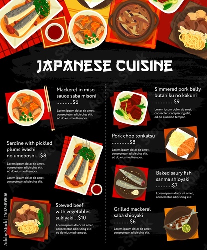 Japanese food and Asian cuisine menu dishes, vector lunch and dinner meal bowls. Japanese cuisine traditional mackerel in miso sauce, baked beef in soy and pork chop, baker saury fish and stewed beef