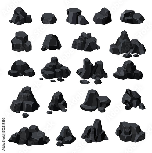 Cartoon coal ore, black charcoal, graphite lump, rock stone isolated vector set. Fossil or mineral resources piles, bunch and cut pieces, ui or gui game asset, mining production, quarry or mine items