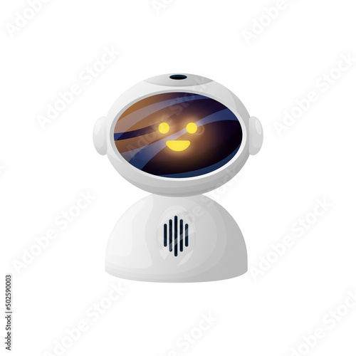 Bot robot or chatbot virtual online assistant with kind smiling face isolated customer service support character. Vector internet consultant, chat bot digital smart assistance helper, glowing eyes