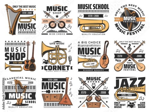 Music instruments, concert and live festival or shop vector icons. Music instruments emblems for musician school, opera classic concert harp and cornet, folk instruments and sound festival