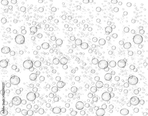 Fototapeta Naklejka Na Ścianę i Meble -  Fizzy air bubbles water, effervescent soda drink bubbles background, realistic vector. Fizzy bubbles of sparkling water with gas oxygen fizz effect, transparent dissolving soda drops in water