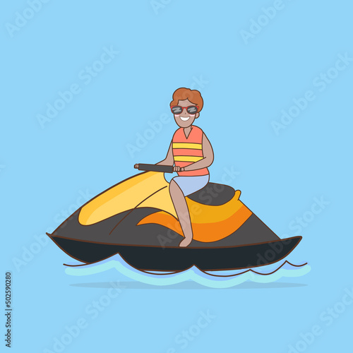 African man wearing life jacket riding speedboat in sea, cartoon character in summer and hot season