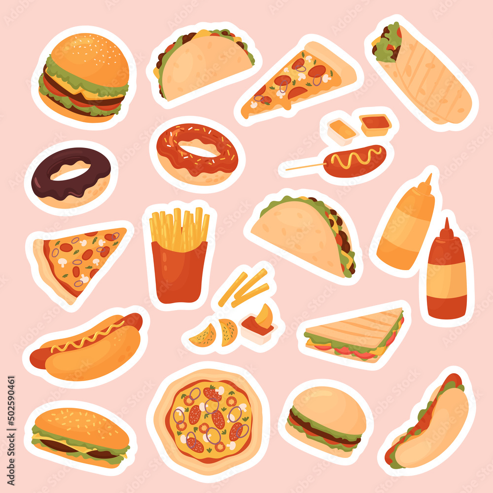 Fast food restaurant menu sticker pack set vector illustration. Cartoon yummy fastfood meal stickers with delicious hot dog sandwich hamburger taco pizza donut french fries cheeseburger isolated