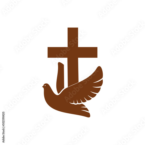 Crucifix and dove christian religion vector icon. Christianity catholic cross and pigeon bird flying, peace or faith symbol, isolated religious emblem