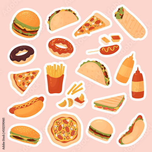 Fast food restaurant menu sticker pack set vector illustration. Cartoon yummy fastfood meal stickers with delicious hot dog sandwich hamburger taco pizza donut french fries cheeseburger isolated