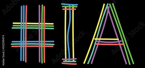 IA Hashtag. Multicolored bright isolate curves doodle letters. Hashtag #IA is abbreviation for the US America state Iowa social network, web resources, mobile app.