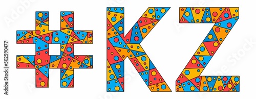 KZ Hashtag. Mosaic isolated text. Letters from pieces of triangles, polygons and bubbles. #KZ is abbreviation for the Kazakhstan for print, clothing, t-shirt, poster, banner, flyer.