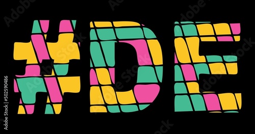 DE Hashtag. Tricolor isolated letters from contrast flowing fluid shapes. 3 colored Hashtag #DE is abbreviation for the US American state Delaware for social network, web resources, mobile app