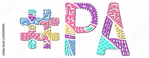 PA Hashtag. Multicolored bright isolate curves doodle letters. Hashtag #PA is abbreviation for the US American state Pennsylvania for social network, web resources, mobile apps.