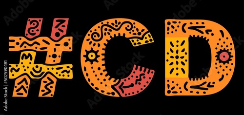 CD Hashtag. Isolated text with national ethnic ornament. Patterned Popular Hashtag #CD for compact disk, social network, web resources, mobile app, games, clothing, t-shirt, banner, adv.