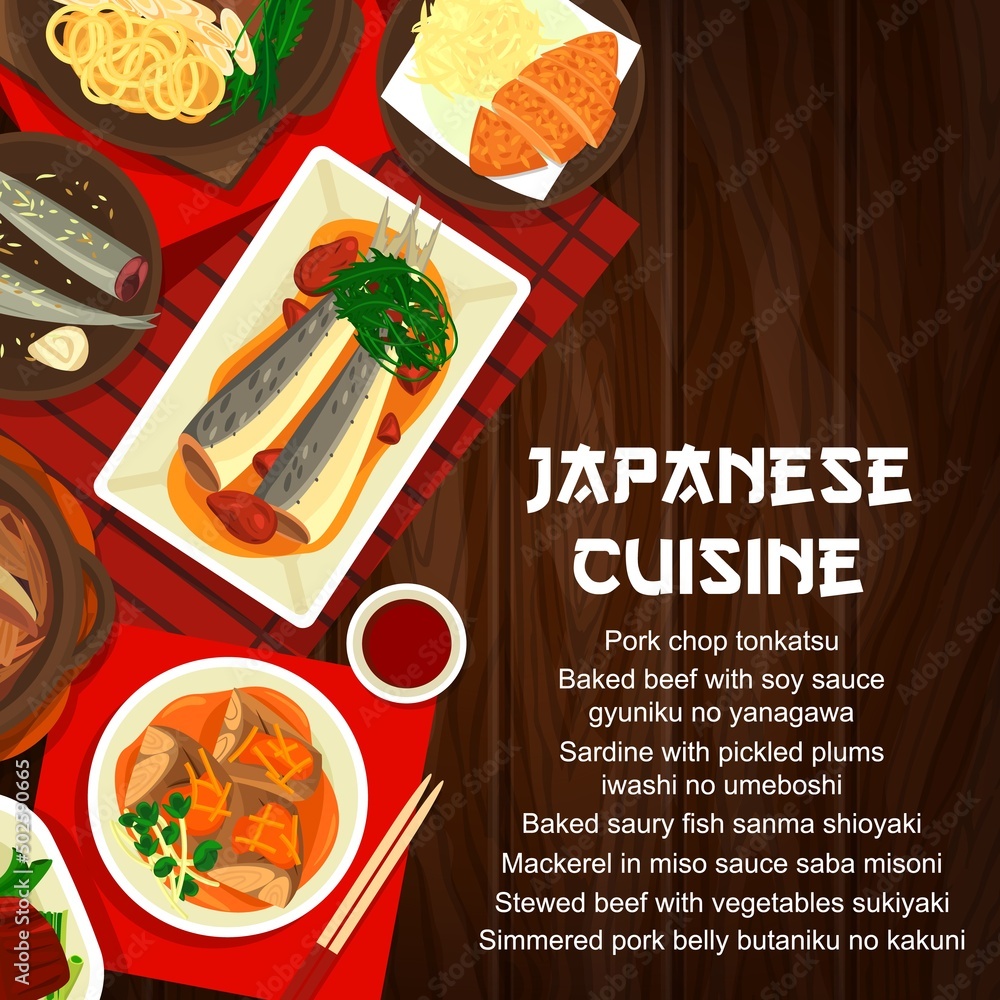 Japanese food cuisine menu, Asian bowls on table with fish sukiyaki and pork meat. Japanese