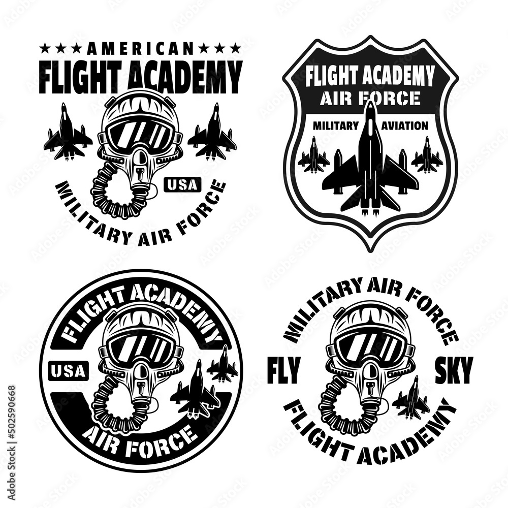 Flight academy set of vector emblems, badges, labels, logos in monochrome vintage style isolated on white background Flight academy set of vector emblems, badges, labels, logos in monochrome vintage style isolated on white background