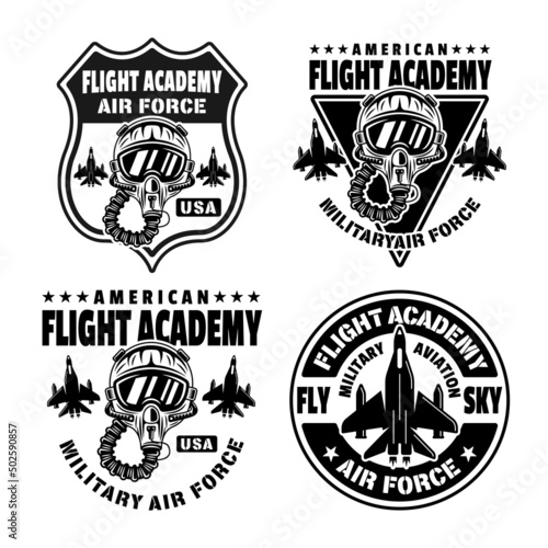 Military aviation set of vector emblems, badges, labels, logos in monochrome vintage style isolated on white background