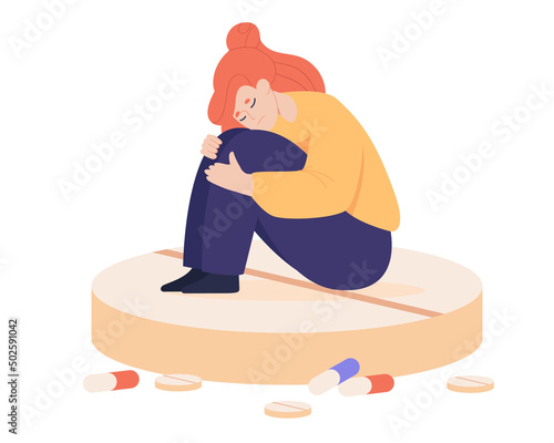 Sad woman sitting on huge pill flat vector illustration. Depressed girl taking hormonal medications, drugs or antidepressant, having mental disorder, psychological problems. Anxiety, depression
