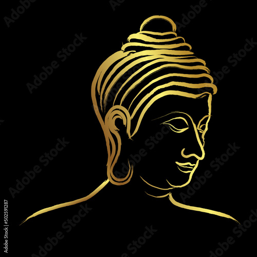 Face of golden buddha head with golden border element .Golden Brush stroke painting illustration design