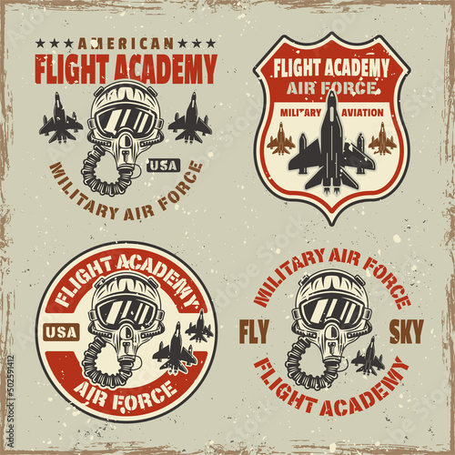 Flight academy set of vector emblems, badges, labels, logos in vintage style with grunge textures and scratches