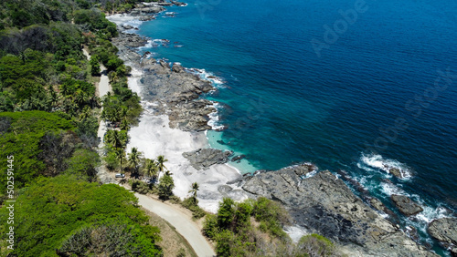 Aerial view of the beach in Costa Rica, Central America. Costa Rica has fantastic beaches and stunning landscapes with lots of nature. The country is famous for ecotourism. 