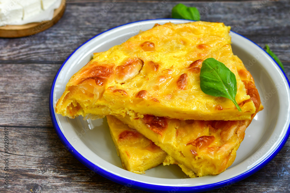 Bakery .Home made cheese pie with phyllo pastry and organic eggs. Bulgarian banitsa Bakery .Home made cheese pie with phyllo pastry and organic eggs. Bulgarian banitsa