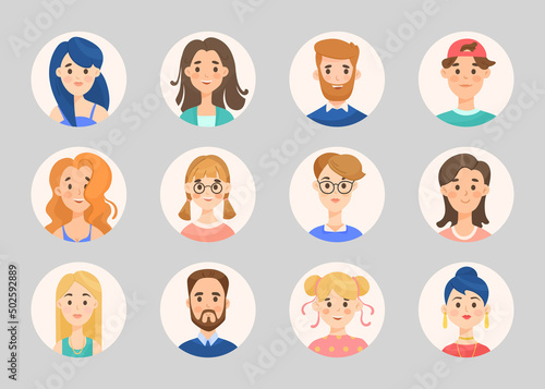 People avatars in circles cartoon illustration set. Multinational users of social networks. Men, women, students or pupils faces or portraits. Cyberspace, diverse concept