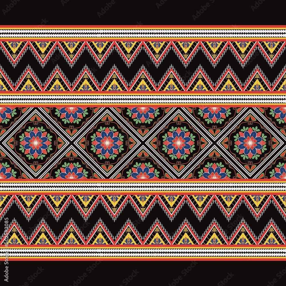 Black background with geometric patterns, inside with red and blue flowers contrasting with a background traditional for design wallpaper, illustration, fabric, pillow, tablecloth, rug, cushions. Black background with geometric patterns, inside with red and blue flowers contrasting with a background traditional for design wallpaper, illustration, fabric, pillow, tablecloth, rug, cushions.