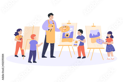 Kids drawing on easels in art class flat vector illustration. Happy little children painting on canvas with male teacher, holding pallet and paintbrushes. Lesson, hobby, art concept