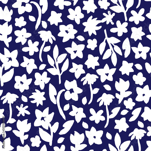 Hand drawn, floral seamless pattern. Botanical vector background with painted flowers. Craftdrawn retro styled small scaled fashion print for fabric, paper, home textile and goods