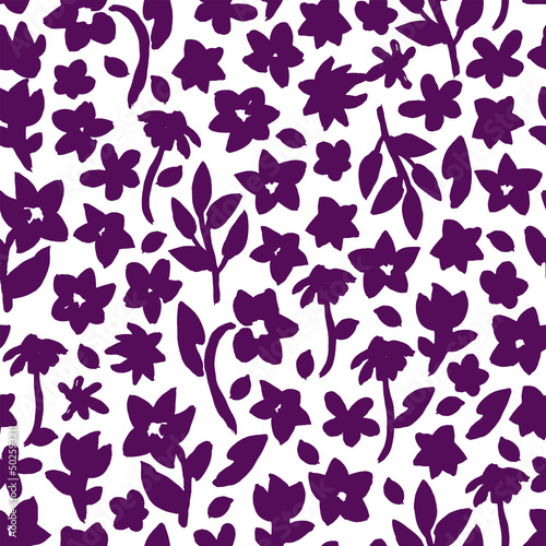 Hand drawn, floral seamless pattern. Botanical vector background with painted flowers. Craftdrawn retro styled small scaled fashion print for fabric, paper, home textile and goods