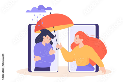 Girl holding umbrella over sad friends through phone. Woman supporting friend with mental problems or depression, trying to help and comfort flat vector illustration. Psychology, empathy concept