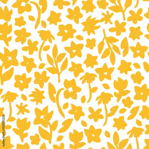 Hand drawn, floral seamless pattern. Botanical vector background with painted flowers. Craftdrawn retro styled small scaled fashion print for fabric, paper, home textile and goods