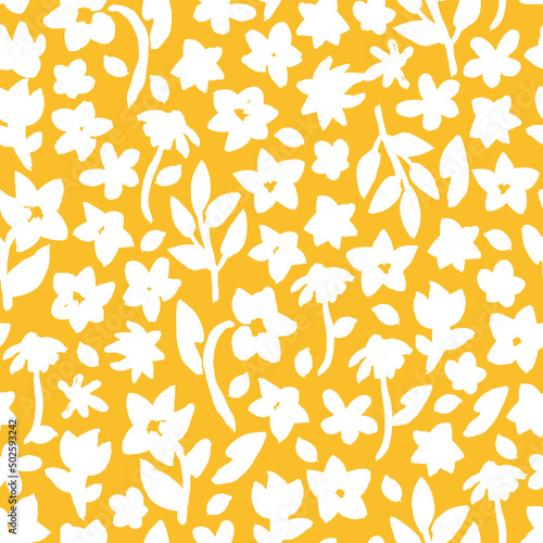 Hand drawn, floral seamless pattern. Botanical vector background with painted flowers. Craftdrawn retro styled small scaled fashion print for fabric, paper, home textile and goods