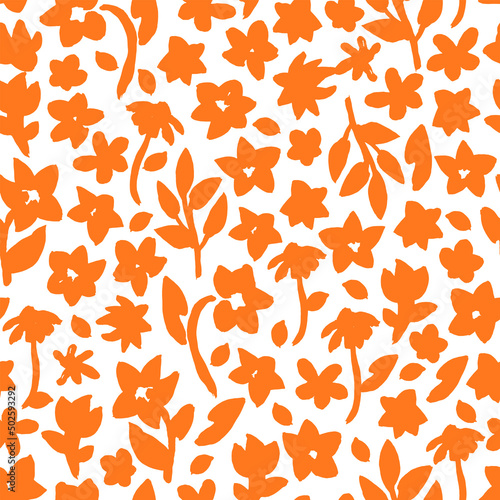 Hand drawn, floral seamless pattern. Botanical vector background with painted flowers. Craftdrawn retro styled small scaled fashion print for fabric, paper, home textile and goods