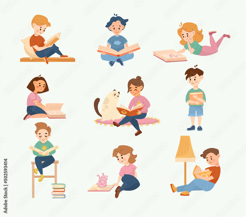 Happy children reading book cartoon illustration set. Smart girls and boys lying, sitting, studying at home with funny cat. Education, leisure, hobby, library concept Happy children reading book cartoon illustration set. Smart girls and boys lying, sitting, studying at home with funny cat. Education, leisure, hobby, library concept