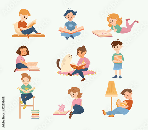 Happy children reading book cartoon illustration set. Smart girls and boys lying, sitting, studying at home with funny cat. Education, leisure, hobby, library concept