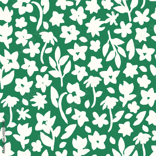 Hand drawn, floral seamless pattern. Botanical vector background with painted flowers. Craftdrawn retro styled small scaled fashion print for fabric, paper, home textile and goods