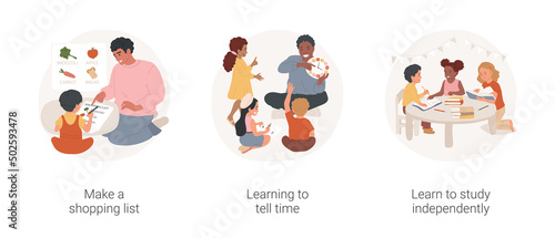 Social skills development in kindergarten isolated cartoon vector illustration set. Make a shopping list, learning to tell time, learn to study independently, preschool education vector cartoon.