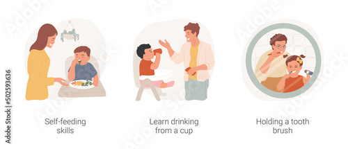 Infant self-care skills isolated cartoon vector illustration set. Self-feeding skills, learn drinking from a cup, holding a tooth brush, learning personal hygiene, daycare center vector cartoon.