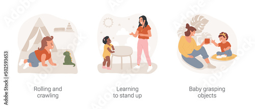 Infant development milestone isolated cartoon vector illustration set. Rolling and crawling, learning to stand up, baby grasping objects, child care, early childhood movement skills vector cartoon.