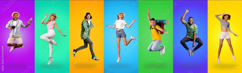 Collage of happy millennial people jumping on colorful studio backgrounds