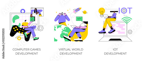 Programming team abstract concept vector illustration set. Computer games, virtual world and IoT development, VR graphic design, testing and deployment, Internet of things abstract metaphor.