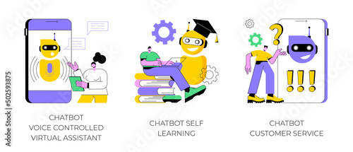 Smartphone voice application abstract concept vector illustration set. Chatbot voice controlled virtual assistant, machine self learning and customer service, AI in ecommerce abstract metaphor.