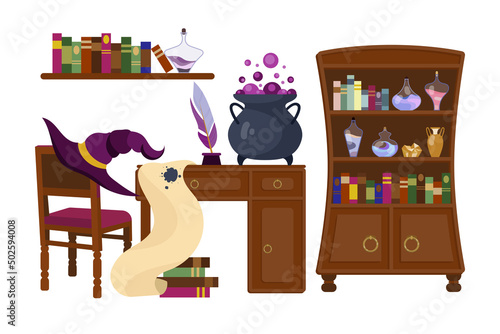Wizard school interior cartoon illustration set. Table with cauldron or pot of bubbling potion, papyrus with blot on it. Witch hat hanging on chair. Halloween, fairy tale, magic, old library concept