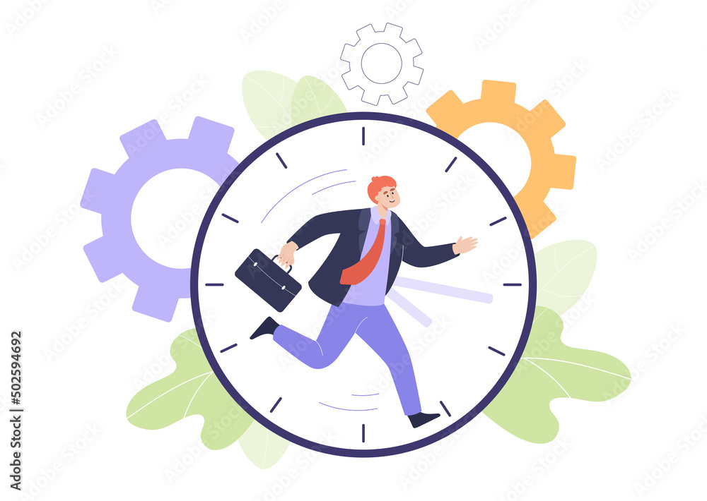 Business person running on clock dial flat vector illustration. Happy ...
