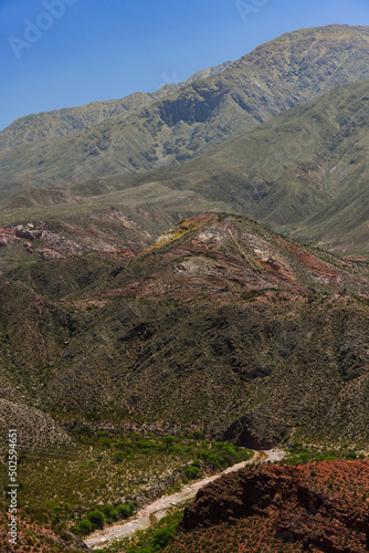 A deep valley surrounded by the rugged Sierra de Famatina mountain range from the scenic Cuesta de Miranda stretch of the famous Ruta 40 National Route, La Rioja Province, Argentina photo